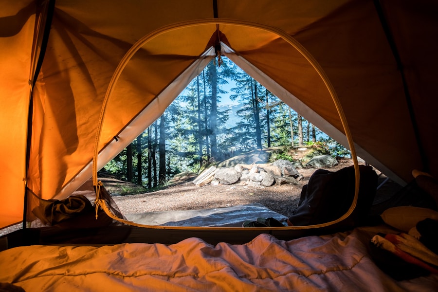 Tent camping at dusk with warm sky